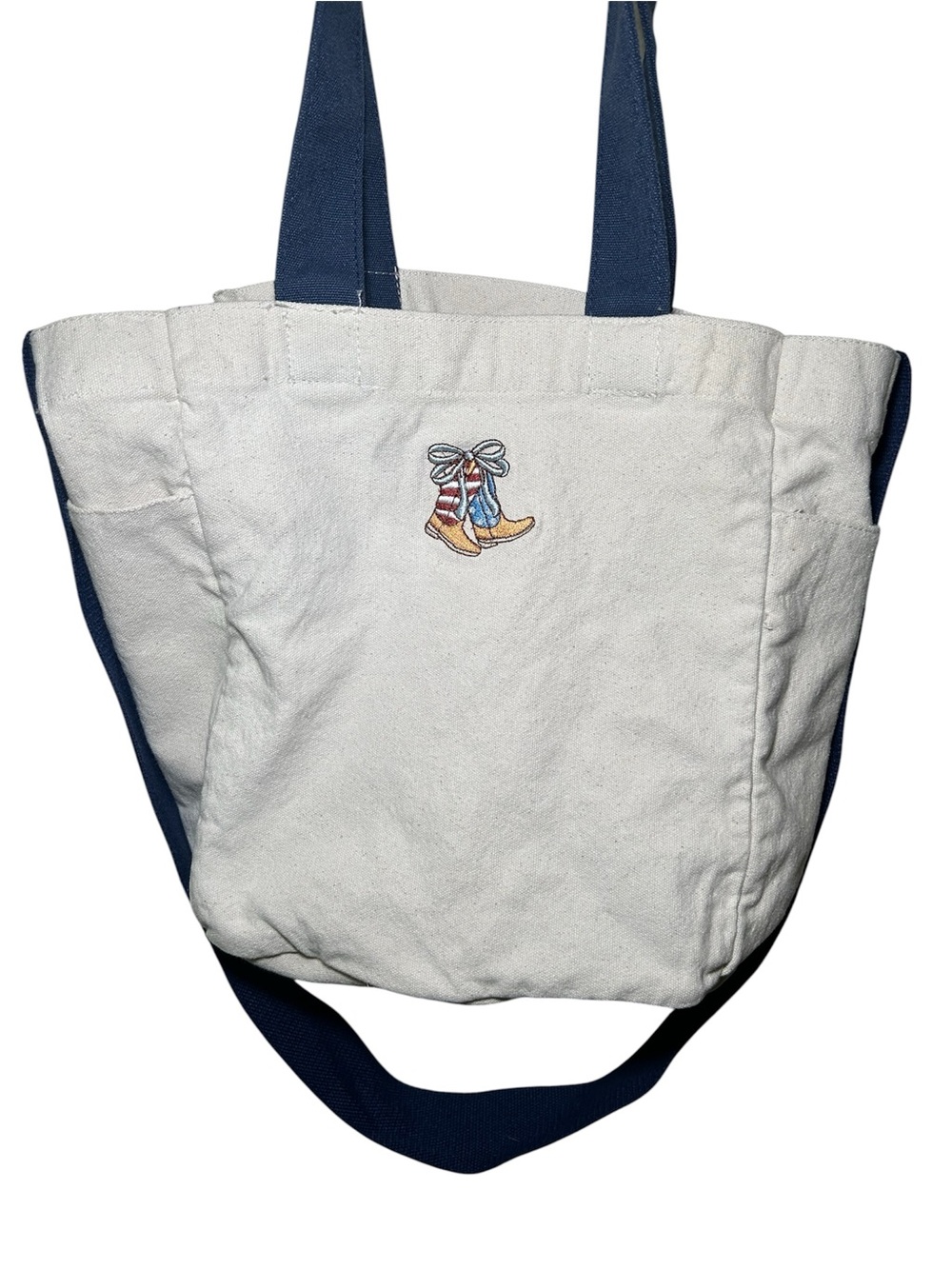 American Country Cowgirl Canvas Tote Bag Navy Blue‎ Handles White Pockets Purse